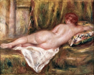 背中から見た裸の層、風呂上がりの休息（油彩・キャンバス 作： Pierre Auguste Renoir