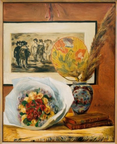 花束とファンのある静物 作： Pierre Auguste Renoir