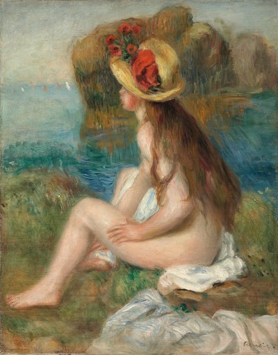 海のそばに麦わら帽子をかぶったヌード、1892年 作： Pierre Auguste Renoir