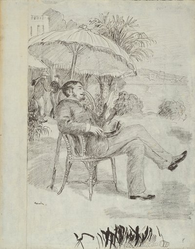 ボルディゲーラのホテルのテラスで: 画家ジャン・マルタンが請求書を検討する (エドモン・ルノワールの「レチケット」の挿絵) 作： Pierre Auguste Renoir