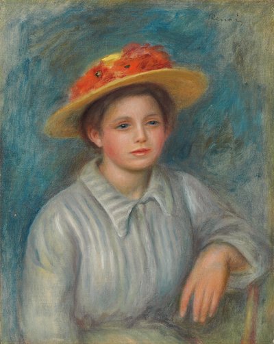 花のついた帽子を持つ女性の肖像画。花の帽子の女性の肖像、c.1890 作： Pierre Auguste Renoir
