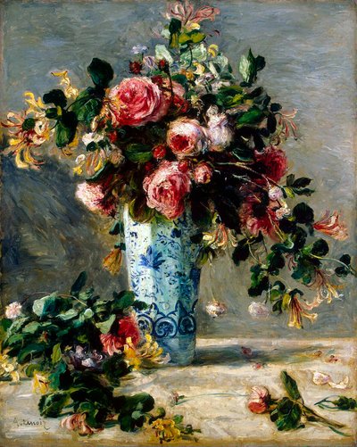 デルフト花瓶のバラとジャスミン、1880-1881。 作： Pierre Auguste Renoir