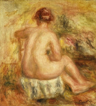 座っている女性のヌード、後ろからの眺め。座っている裸の女性、背面図、1917 作： Pierre Auguste Renoir
