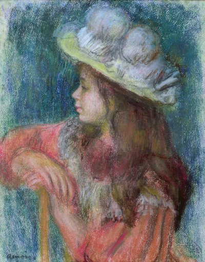 白い帽子を着た少女、1884年（紙にパステル） 作： Pierre Auguste Renoir