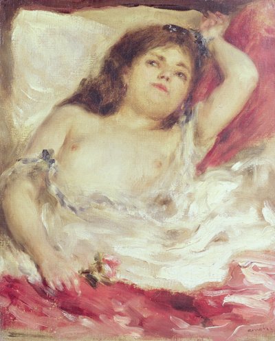 ベッドの中でセミヌードの女性：1872年以前のバラ（キャンバスに油彩） 作： Pierre Auguste Renoir
