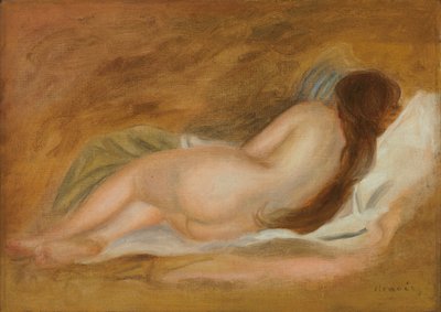 眠っているヌード、背面図、黄土色の背景。黄土色の背景の後ろから見た裸の層、1885年 作： Pierre Auguste Renoir