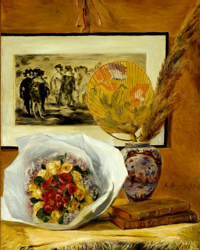花束と団扇の静物 作： Pierre Auguste Renoir