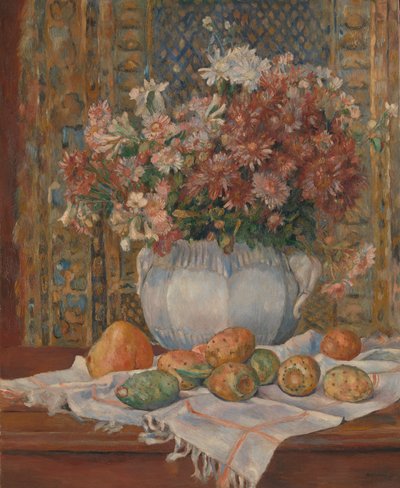 花とウチワサボテンのある静物1885年。 作： Pierre Auguste Renoir