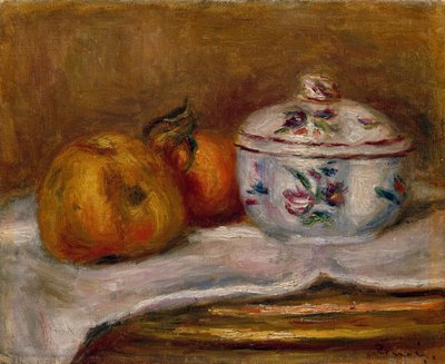シュガーボウル、アップル、オレンジ（キャンバスに油彩） 作： Pierre Auguste Renoir