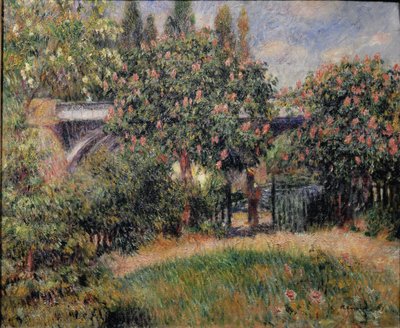 シャトゥーの鉄道橋、またはピンクの栗の木 - 1881年。油彩・キャンバス 作： Pierre Auguste Renoir