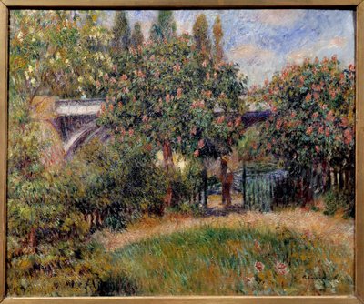 シャトーの鉄橋やピンクの栗の木。ピエール・オーギュスト・ルノワール（1841-1919）の絵画 作： Pierre Auguste Renoir