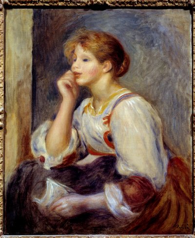 女性が手紙を持っています。ピエール・オーギュスト・ルノワール（1841-1919）の絵画 作： Pierre Auguste Renoir