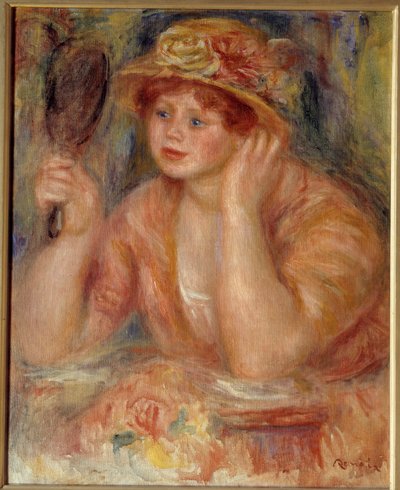 鏡の中の女性ピエール・オーギュスト・ルノワール（1841-1919）の絵画 作： Pierre Auguste Renoir