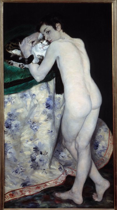 少年が猫に。ピエール・オーギュスト・ルノワール（1841-1919）の絵画 作： Pierre Auguste Renoir