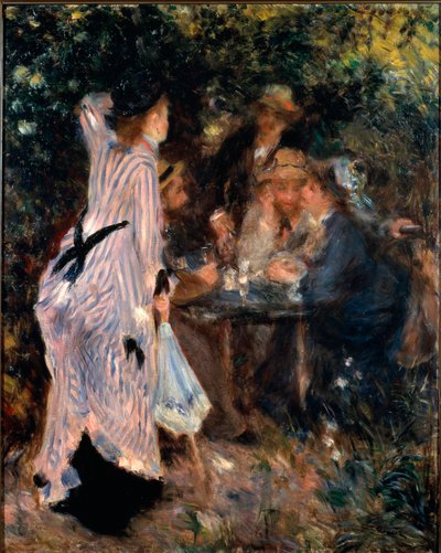 アーバーの下で。画家クロード・モネ、アルフレッド・シスレー、ノルベルト・ゴエネーテの肖像画。ピエール・オーギュスト・ルノワール（1841-1919）の絵画 作： Pierre Auguste Renoir
