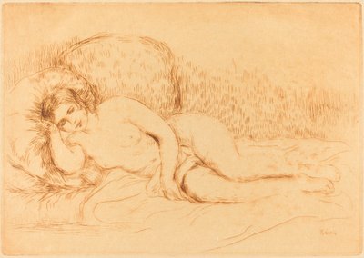女性のリクライニング ファム カウチ、1906 年。 作： Pierre Auguste Renoir