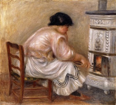 ストーブの隅にいる女性。ファムオコインデュポエレ、1912 作： Pierre Auguste Renoir