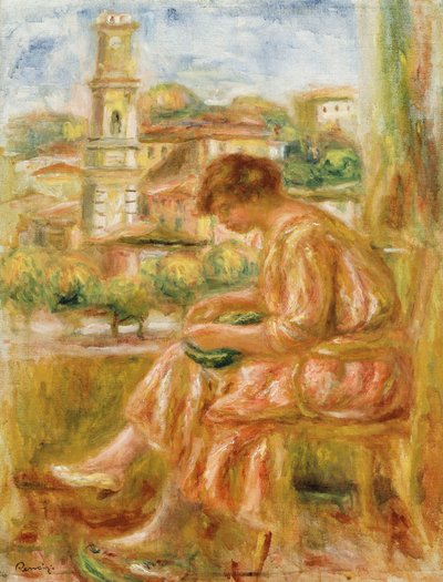 1918年のニース旧市街の景色を望む窓辺の女 作： Pierre Auguste Renoir