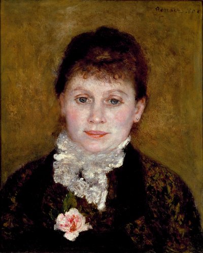 女性はホワイトカラーです。バラを持つ女性の肖像 作： Pierre Auguste Renoir