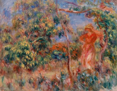 風景の中の赤い服を着た女性 作： Pierre Auguste Renoir