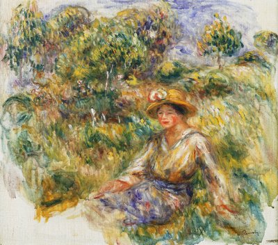 草の上に座っている青い帽子の女性。草の上に座っている帽子をかぶった青の女、1916年頃 作： Pierre Auguste Renoir