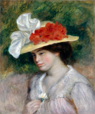 花の帽子をかぶった女性、1889年 作： Pierre Auguste Renoir