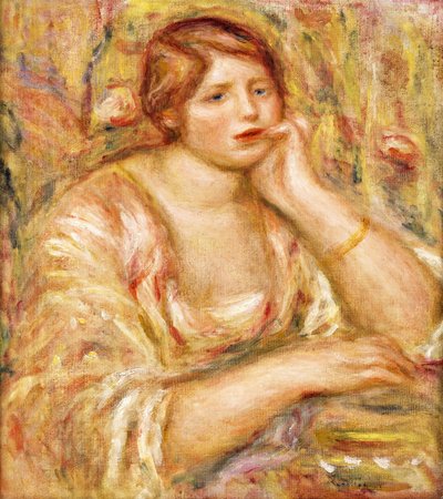 彼女の顔に手を持つ女性。ファムドフェイス、アコーディー、1919 作： Pierre Auguste Renoir