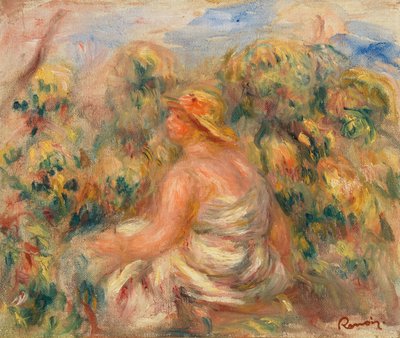 風景の中の帽子を持つ女性 作： Pierre Auguste Renoir