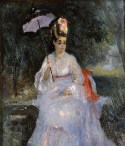 1872年に庭に座っている日傘を持つ女性 作： Pierre Auguste Renoir
