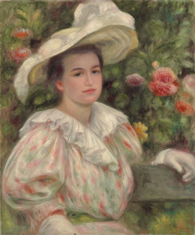 花や白い帽子の女の少女;金の花の少女白い帽子の女1895年頃 作： Pierre Auguste Renoir