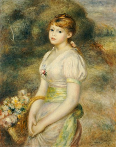 花のバスケットを持つ少女（キャンバスに油彩） 作： Pierre Auguste Renoir