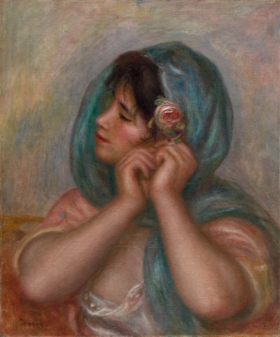 イヤリングをアレンジした若い女性、1905年。 作： Pierre Auguste Renoir