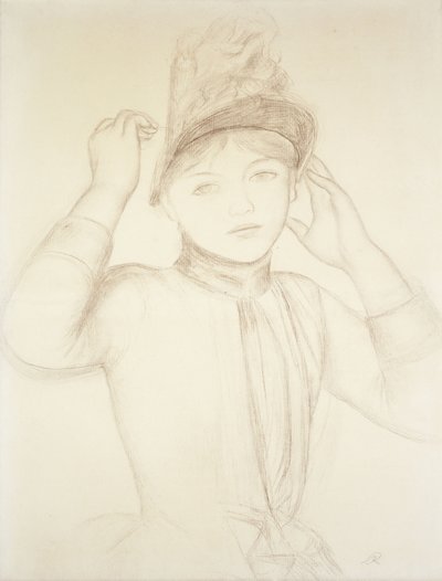 若い女性が彼女の帽子を配置します。帽子を編む少女、1885年 作： Pierre Auguste Renoir