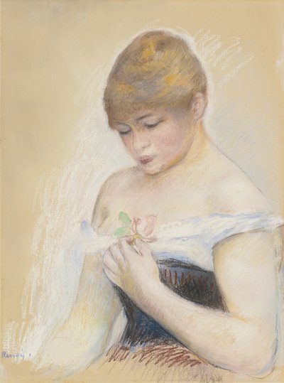 花を保持している若い女性。女優ジャンヌ・サマリーの肖像、c。 1880 作： Pierre Auguste Renoir