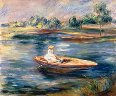 手漕ぎボートに座る若い女性（キャンバスに油彩） 作： Pierre Auguste Renoir