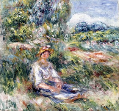 牧草地に座っている若い女性 作： Pierre Auguste Renoir