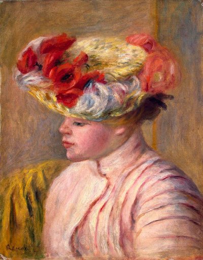 花の帽子をかぶった若い女性、1892年。 作： Pierre Auguste Renoir