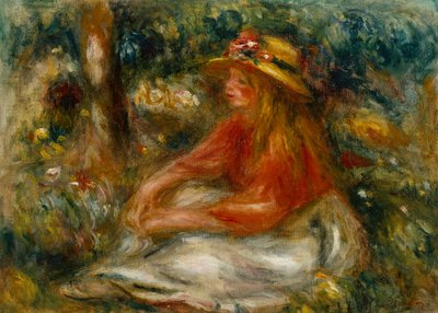 草の上に座っている若い女性（キャンバスに油彩） 作： Pierre Auguste Renoir