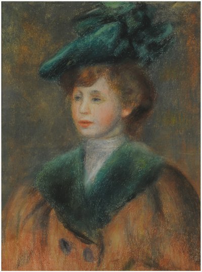 緑の帽子をかぶった若い女性（紙にパステル） 作： Pierre Auguste Renoir
