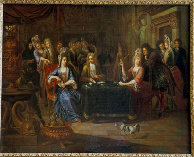 リビングルームでトランプをしている貴族のカードプレイヤー。 ピエール・ベルゲーニュ (1652-1708) の絵画 1699 年アラス、美術館 作： Pierre Bergaigne