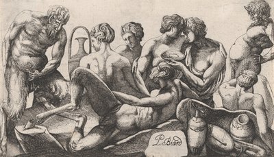 食事を終える8人のサテュロスとサテュレス、1607-61。 作： Pierre Biard