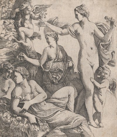 三美神と並んで立っているヴィーナスは、1607-61 年のプットから花を提供されます。 作： Pierre Biard