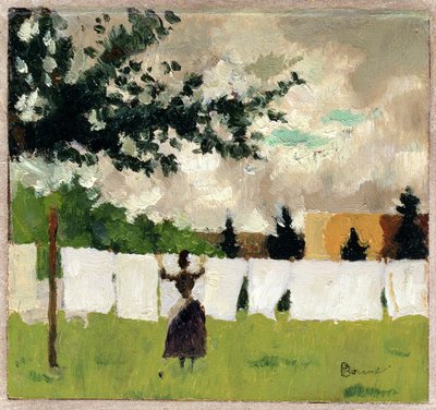 リネンを伸ばす女性、1892年頃（パネルの紙に油彩） 作： Pierre Bonnard