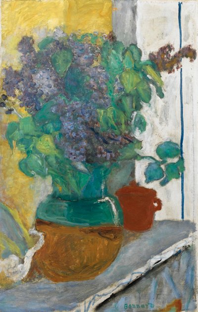 仏語: 黄土色とヴェールの花瓶に咲いたモーブのリラ 作： ピエール・ボナール