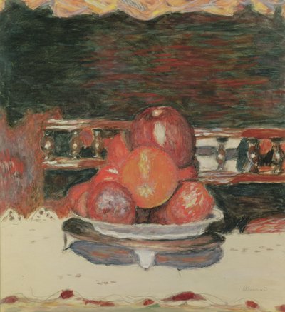 フルーツ、ダークハーモニー、1930年頃（紙にガッシュとトイレ） 作： Pierre Bonnard