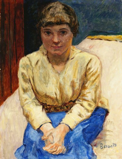 手を組んで座っている女の子。着席した少女、ル・マン・クロワズ、1916年頃（キャンバスに油彩） 作： Pierre Bonnard