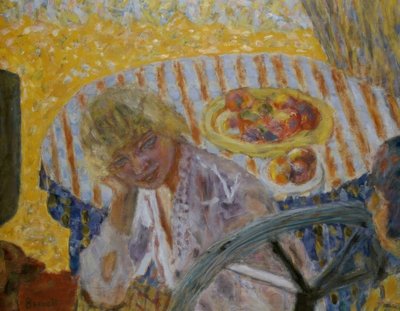 ストライプのテーブルクロスを持つ若い女 作： Pierre Bonnard