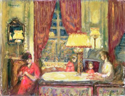 ランプで照らされた室内と人物（油彩・キャンバス 作： Pierre Bonnard