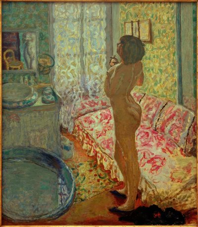 ピンクのソファ付きのバスルーム（光に対して裸） 作： Pierre Bonnard