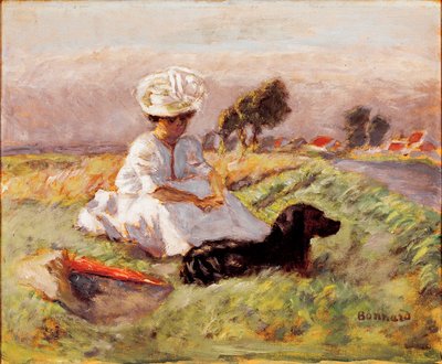 マダムボナール画家の妻は犬との衝突の中で座っています。ピエールボナールの絵画 作： Pierre Bonnard